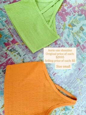 aerie Ribbed One-Shoulder Crop Tops in Lime & Orange